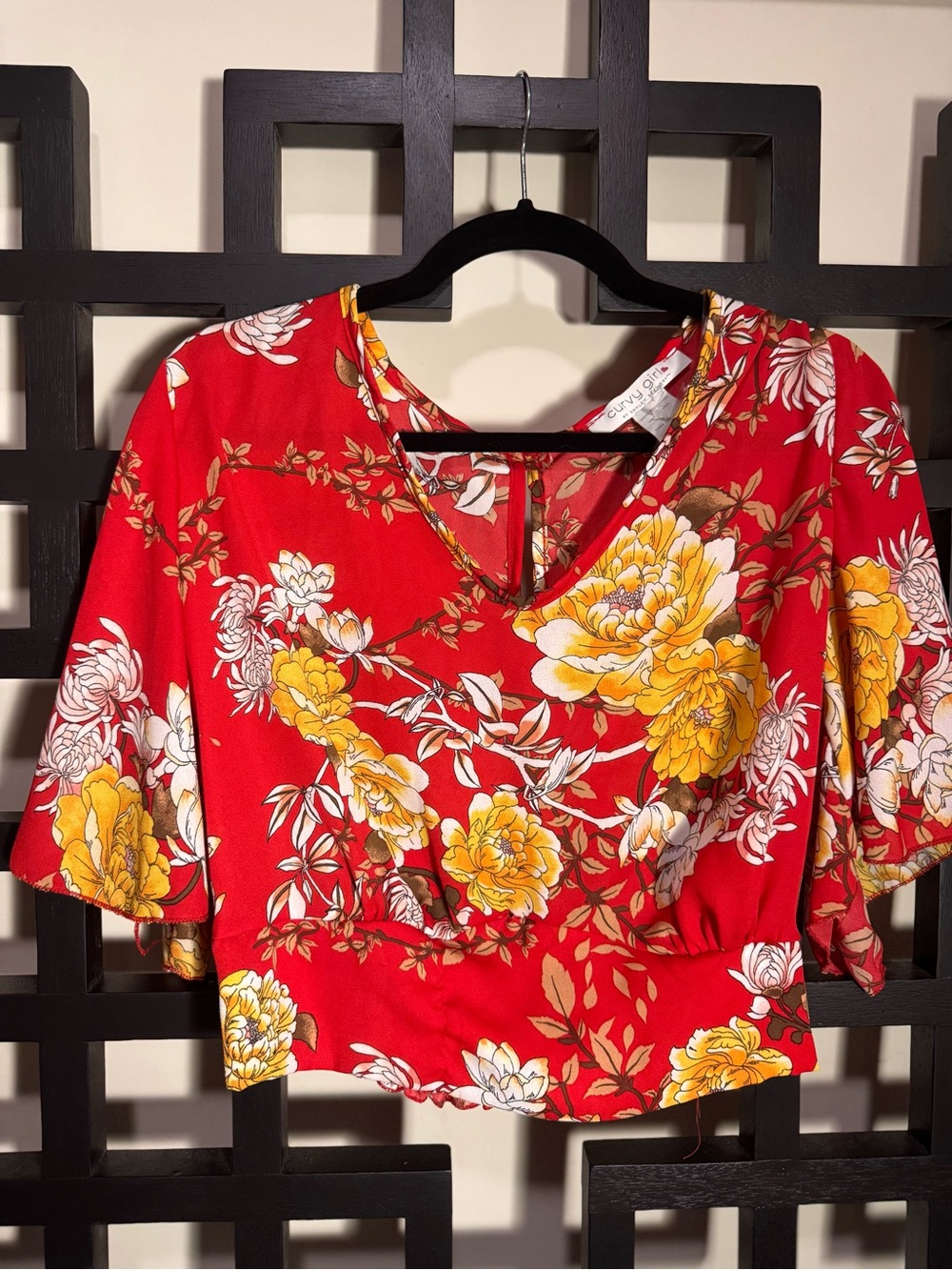 Ashley Stewart Red Floral V-Neck Crop Top with Yellow Blooms